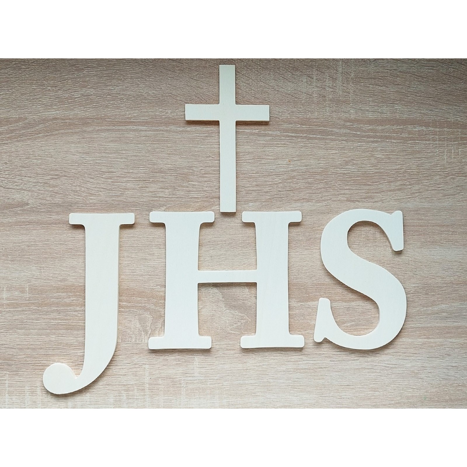 Hölzerne christliche Inschrift - JHS und ein Kreuz, Breite 42 cm